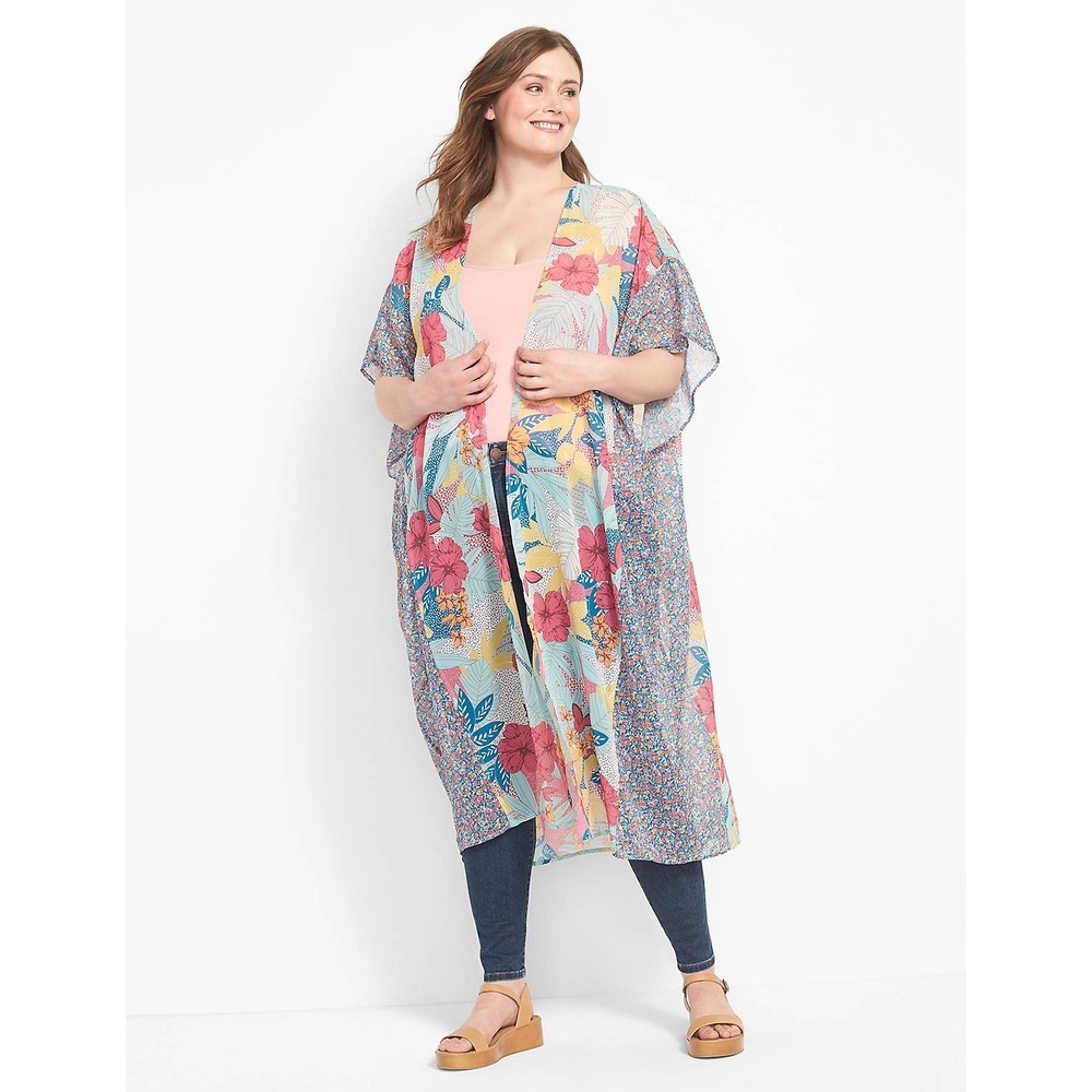 Women Multicolor Floral Tropical Mixed Print Long Kimono Duster‎ One Size